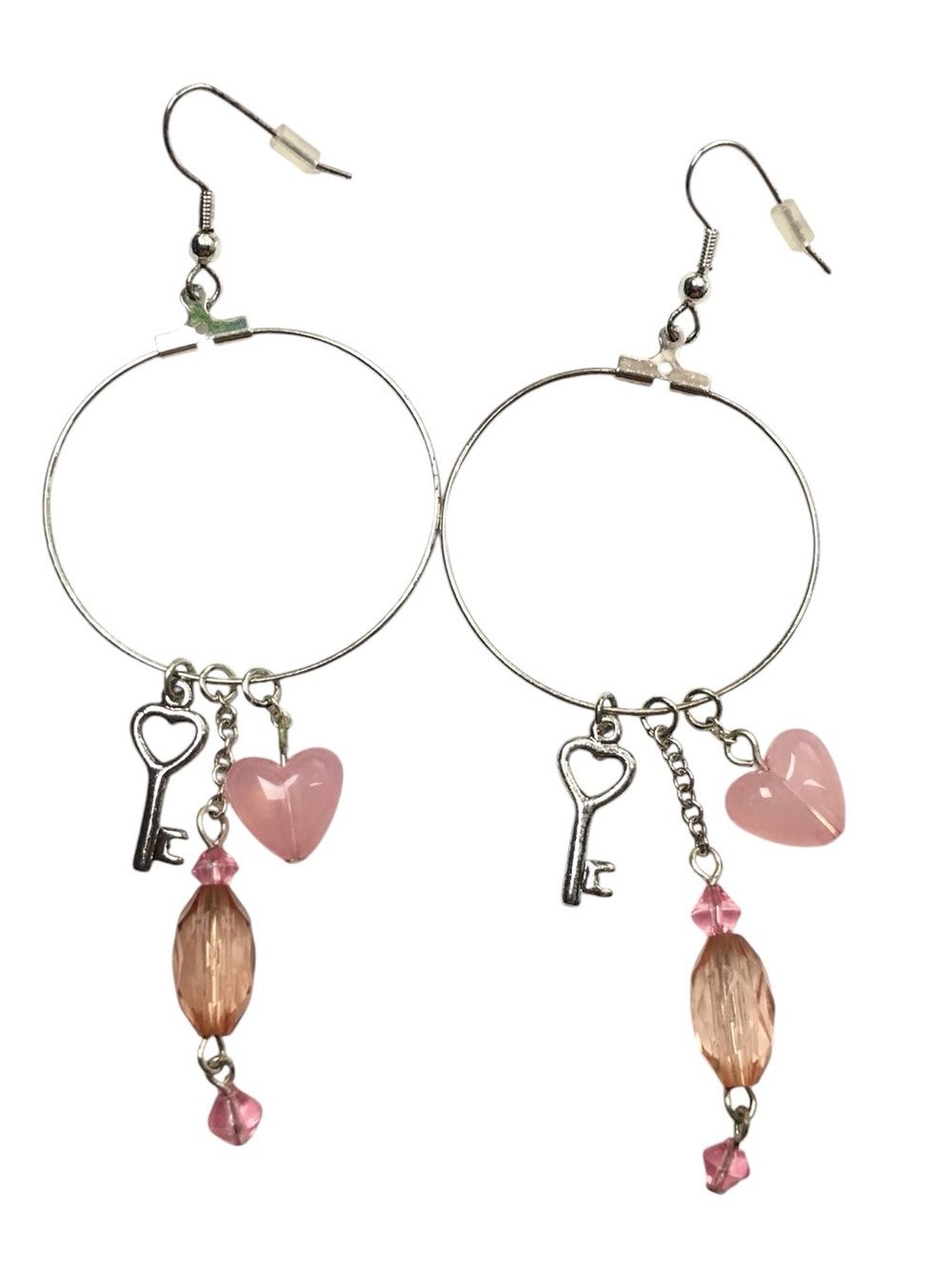 mark. Charm Earrings Pink Key Hoop Heart Beads Metal Simple RARE Avon Vintage